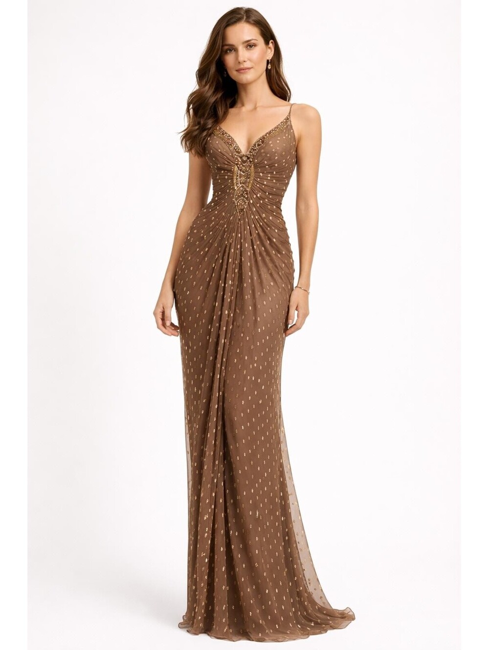 Mignon Chocolate Brown Gold Beaded Chiffon Gown Sz 8 Prom Bridesmaid Formal MOB